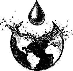 Poster - Water droplet above splashing earth in black and white illustration, environment concept. Vector illustration