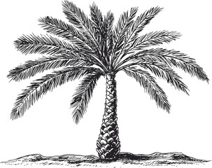 Poster - Illustration of a detailed palm tree with intricate leaves in black and white art. Vector illustration