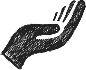 Poster - Sketched black and white open hand palm facing up in drawing style. Vector illustration