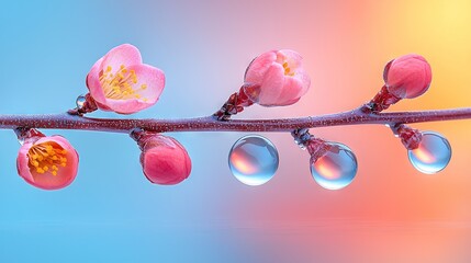 Poster -   Branch with water droplets and pink flower Water droplets on the end of the branch