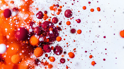 Poster -   A collection of orange and red bubbles floats above a white liquid with matching hues on a white background