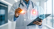 © synthetic - Doctor holding pills and clipboard with lungs hologram in modern hospital setting for medical analysis