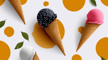 Poster - Close up of four different flavored ice cream cones. The cones are arranged in a pattern on a white background