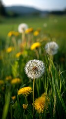 Poster - Wispy dandelion seedhead towering amid golden blooms, verdant grass, blurred mountain landscape bathed in sunset's soft glow