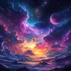 Wall Mural - colorful cosmos with vibrant nebula and distant planets in deep space.