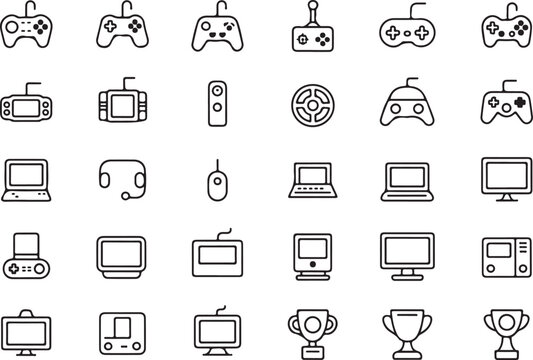 Gaming and technology icons set black and white video games