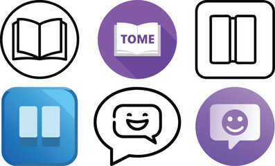 Fototapete - Vector art of a collection of app icons featuring books, pause symbols, and speech bubbles isolated on transparent background