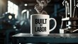 © MdSakibul - A steaming white mug with the words built by labor in black text sits on a textured metal surface in a workshop setting
