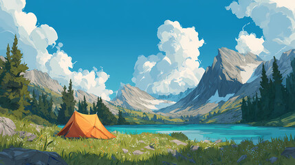 Wall Mural - Serene landscape with mountains, lake, and a tent in a lush green meadow under a bright blue sky. tent grid. Illustration