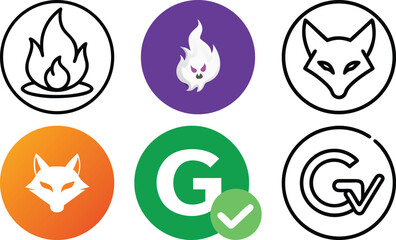 Aufkleber - Vector art of a set of app icons featuring a flame, a fox head, and the letter g, isolated on transparent background