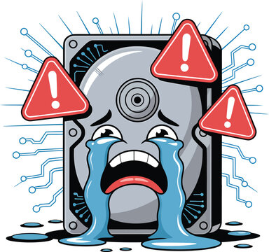 Distressed Hard Drive Cartoon Character Crying with Warning Signs on Transparent Background Design