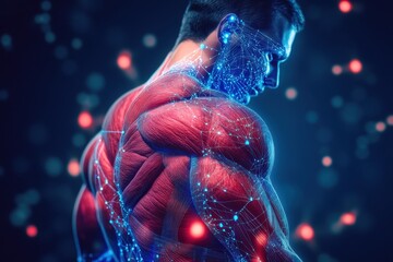 Poster - Muscular male figure with glowing connections showcasing human anatomy in a digital style