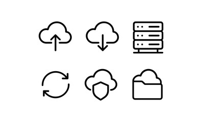 Poster - Cloud icon set: upload, download, server, sync, security, storage in linear style