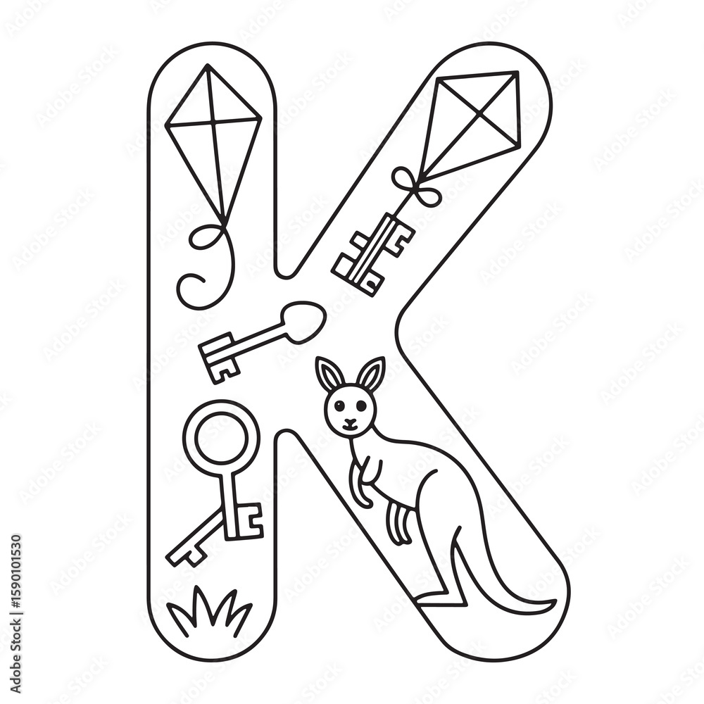 Alphabet Letter K Coloring Page – Kangaroo and Kite Doodle Art for Kids ...