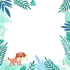 Poster - Dog frame with bones and paws against leafy foliage to decorate pet photos. Dog frame illustration featuring playful dog carrying bone amid decorative leaves and paws.