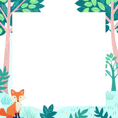 Poster - Fox frame in forest setting, an illustrated fox near foliage and trees, a charming nature square. Fox frame in forest setting creates a delightful, whimsical style for invitations or announcements.