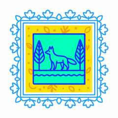 Poster - Fox frame in forest setting shows animal between trees in decorative border. This fox frame in forest setting creates charming woodland scene, with simple elements and bright colors.