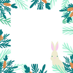 Aufkleber - Rabbit frame with carrots amid greenery, ideal for invitations, cards, or holiday announcements. This rabbit frame is a whimsical border for Easter or spring-themed events,