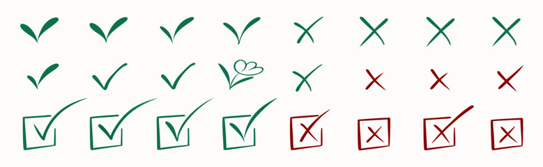 Aufkleber - Assortment of green check marks, red x marks, and a flower doodle in rows on a white background canvas created with generated ai