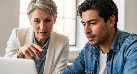 Poster - Woman and man reviewing laptop screen together, showcasing business collaboration and consultation