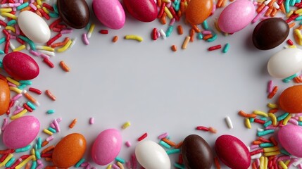 Poster - Colorful assortment of candy eggs and sprinkles arranged in a frame
