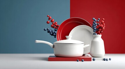 Poster - White pot is on a red surface with a blue background