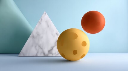 Poster - Yellow and orange ball is suspended in the air above a white pyramid