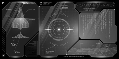 Leinwandbilder - Sleek digital HUD with spaceship charts, control icons and hologram scans. Minimalist interface evokes high tech cockpit or sci fi game display in transparent vector layout.
