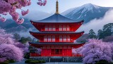 Traditional Japanese pagoda surrounded by cherry blossoms, misty mountain backdrop.