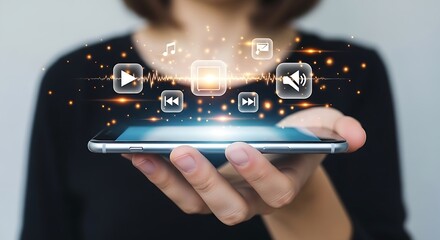 Poster - Person holding smartphone with floating media control icons and light effects in the foreground