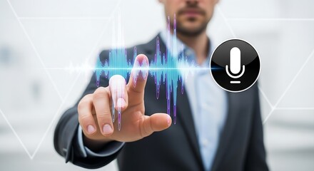 Poster - A man in a suit interacting with a digital waveform and microphone icon on a bright background