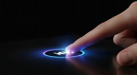 Poster - A finger pressing a glowing rewind button on a sleek black surface in a dark environment setup