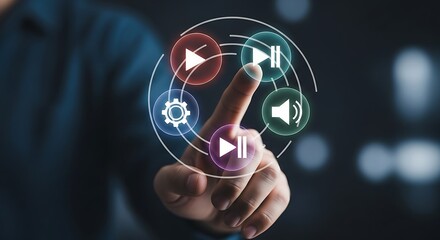 Poster - Finger touching a digital interface with play pause settings volume and gear icons on a dark background