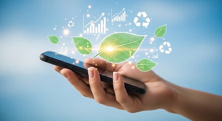 Poster - A hand holding a phone with leaves and charts floating above it against a blue sky background
