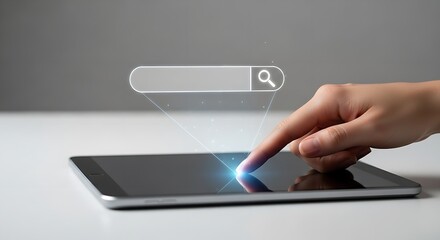 Poster - A finger touching a tablet screen with a search bar hologram on a white surface in a studio setting