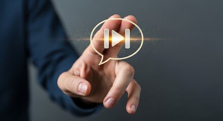 Poster - Hand gesturing towards a play button inside a speech bubble on a gray background in studio shot