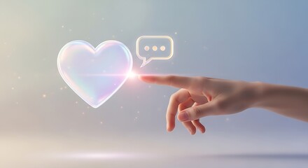 Poster - A hand touching a heart and speech bubble icon with a soft, dreamy background and glowing light effect