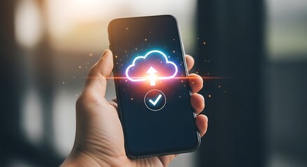 Poster - A hand holding a smartphone displaying a cloud upload icon with a checkmark on the screen