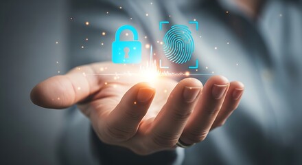 Poster - A hand holding a digital padlock and fingerprint scan with glowing particles around it in a security concept