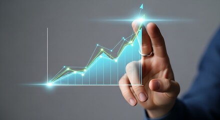 Aufkleber - A hand interacting with a glowing blue and green line graph showing upward trend on a gray background