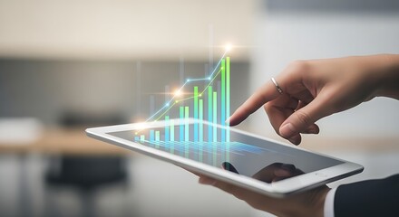 Fototapete - A hand interacting with a tablet displaying a rising bar graph with a bright background indoors view