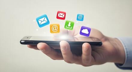 Poster - Hand holding smartphone with floating email, download, and cloud icons above the device screen