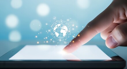 Poster - Finger touching a tablet screen with a globe surrounded by icons in a digital network overlay