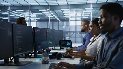 Poster - Woman putting headphones on in server room, developing disaster recovery plans ensuring minimal downtime. Engineer listening music in data center, using data analytics to monitor performance, camera A