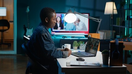 Poster - Remote worker greeting colleagues during business meeting on videocall in apartment office. Self employed woman participating in remote videoconference telework call while at home, camera A