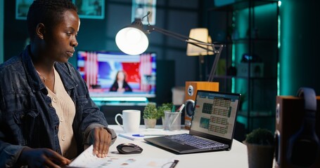 Poster - Broker investor employee checking stock exchange valuation financial profit numbers, doing calculations. Stockholder looking at market shares growth, comparing with notes on clipboard, camera B