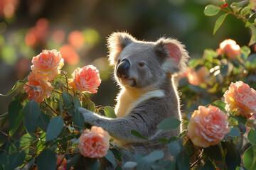 koala in nature surrounded by flowers, wildlife and cute fur in a tree with leaves outdoors