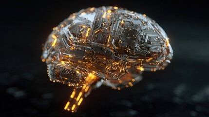Poster - Metallic brain with glowing circuits