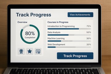 Fototapete - Laptop screen displaying a progress tracker showing 80% completion.  The tracker includes course progress in programming, data analysis, machine learning, and web development.