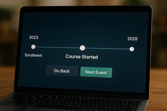 A laptop displaying a timeline of events with the words Enrollment and Course Started and year on the screen